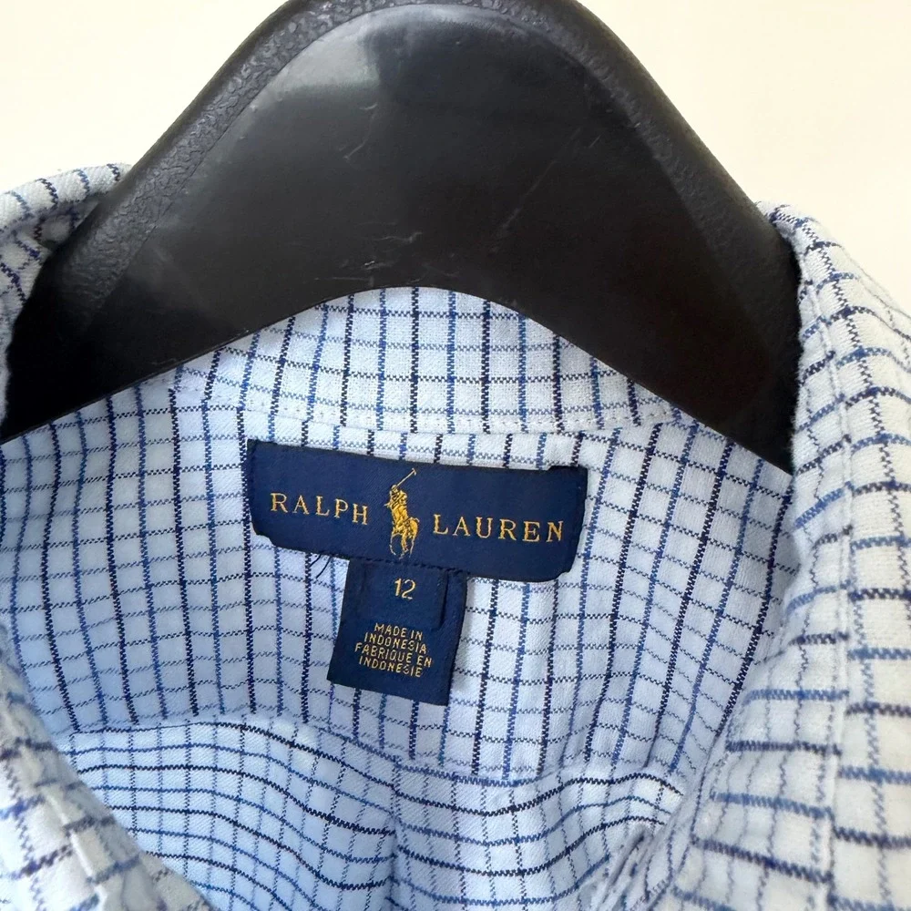 Ralph Lauren‎ Boys Blue Tattersall Check Button Down Shirt Size 12 323631046